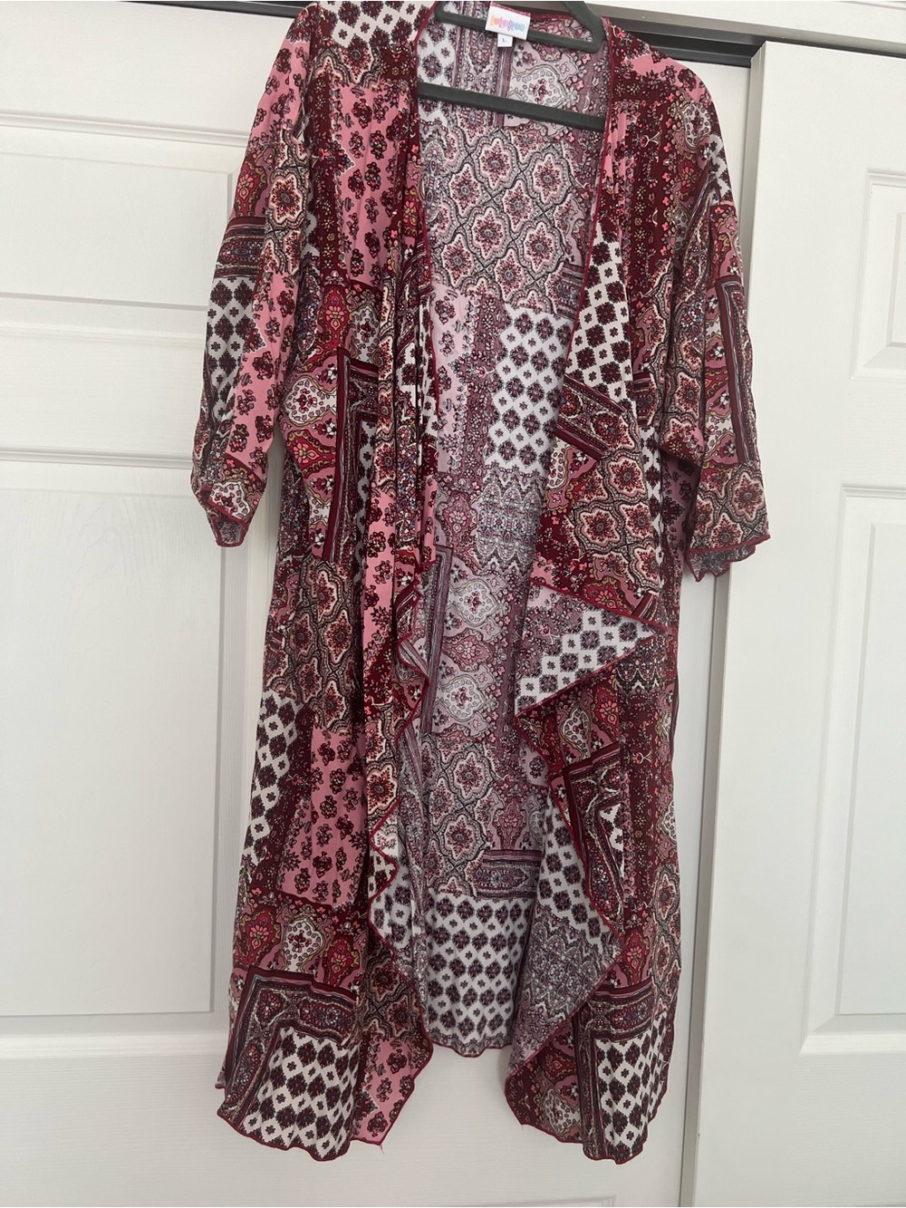 Lularoe pink & Burgundy Patchwork Duster Kimono